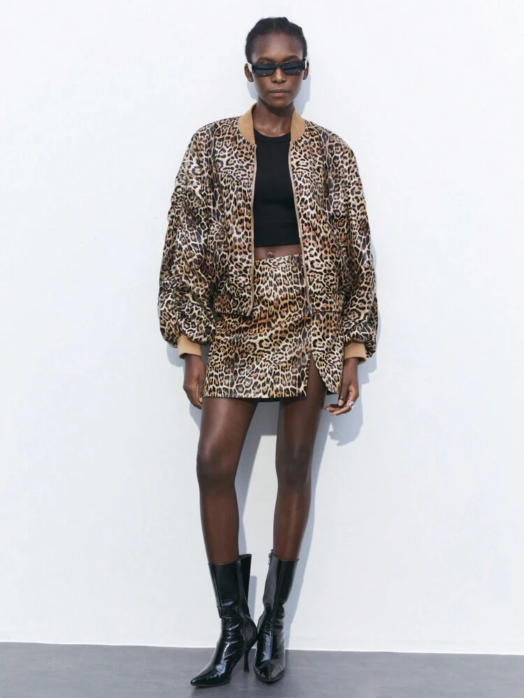 SHEIN Maija Women's Leopard Print Split Hem Fashionable Spring/Summer Skirt, Suitable For Holiday, Party, And Events