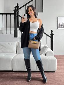 SHEIN Essnce Áo khoác len cardigan nhiều màu cỡ lớn dành cho nữ mùa thu đông thường ngày rộng rãi và thoải mái 2 gói,Quần áo phụ nữ mùa thu,Áo khoác dài tay cho nữ,Trang phục,Áo len cardigan,Áo giáo viên,Áo khoác cardigan màu đen và kaki 2 gói - Nhiều màu - Xem 4