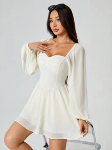 SHEIN PETITE 秋季春假连衣裙带袖甜心领灯笼袖褶皱胸围连衣裙 - 白色 - 查看 6