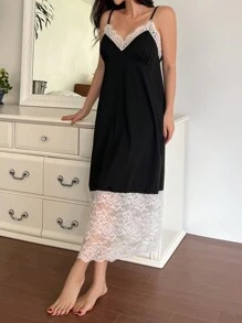 DAZY Women's Satin & Lace Cami Nightgown With Adjustable Spaghetti Straps And Backless Design Pajama - Black - View 6