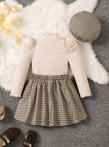 SHEIN Young Girl 3Pcs Sets Casual & Comfortable Knitted Gigot Sleeve Golden Buttons Tee & Gingham Print Skirts & Beret/Hats Outfit,Great For Casual & Daily Wear & School Daily In Summer & Autumn