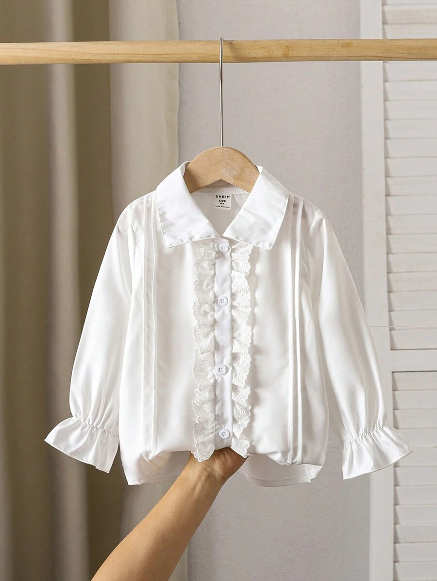 SHEIN 年轻女孩休闲纯色荷叶边袖衬衫，春秋 - 白色 - 查看 1