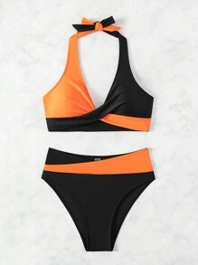 SHEIN Swim Women 2pcs Orange And Black Colorblock Bikini Set, Bathing Suit Summer - Multicolor - View 3