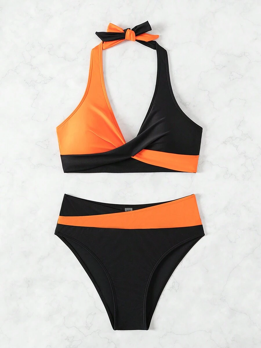 SHEIN Swim 女士 2 件套橙色和黑色拼色比基尼套装,夏季泳衣 - 彩色 - 查看 1