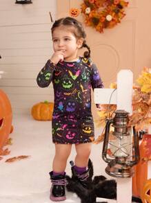 SHEIN Babymeisjes schattige gebreide stretch cartoon graffiti patroon jurk met lange mouwen, Halloween