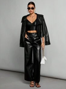 SHEIN Tall Black Date Night Solid PU Leather Straight Leg Pants - Black - View 6