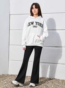 SHEIN Leap Crew Bộ 2 chiếc/Bộ Áo Hoodie in chữ màu trơn và quần ống loe cho bé gái tuổi teen, chất liệu nỉ dày dặn - Đen và trắng - Xem 5