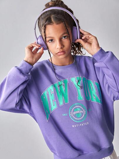 SHEIN Tween Girls Plain Color Loose Fit Letter Print Graphic Pullover Sweatshirt,In Fall/Winter