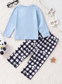 2 件装婴儿男童休闲熊猫印花长袖上衣和格子熊猫印花裤睡衣套装，适合圣诞节 - 藍色 - 查看 2