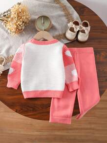 Baby Girls Crewneck Contrast Heart Textured Lantern Sleeve Sweater And Flared Pants 2Pcs Outfit Set, Fall, For Christmas - Pink - View 2