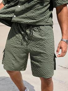 Manfinity CasualMax Plus Size Men's Solid Color Cargo Pocket Short Sleeve Shirt And Shorts Casual Set, Summer - Army Green - View 5