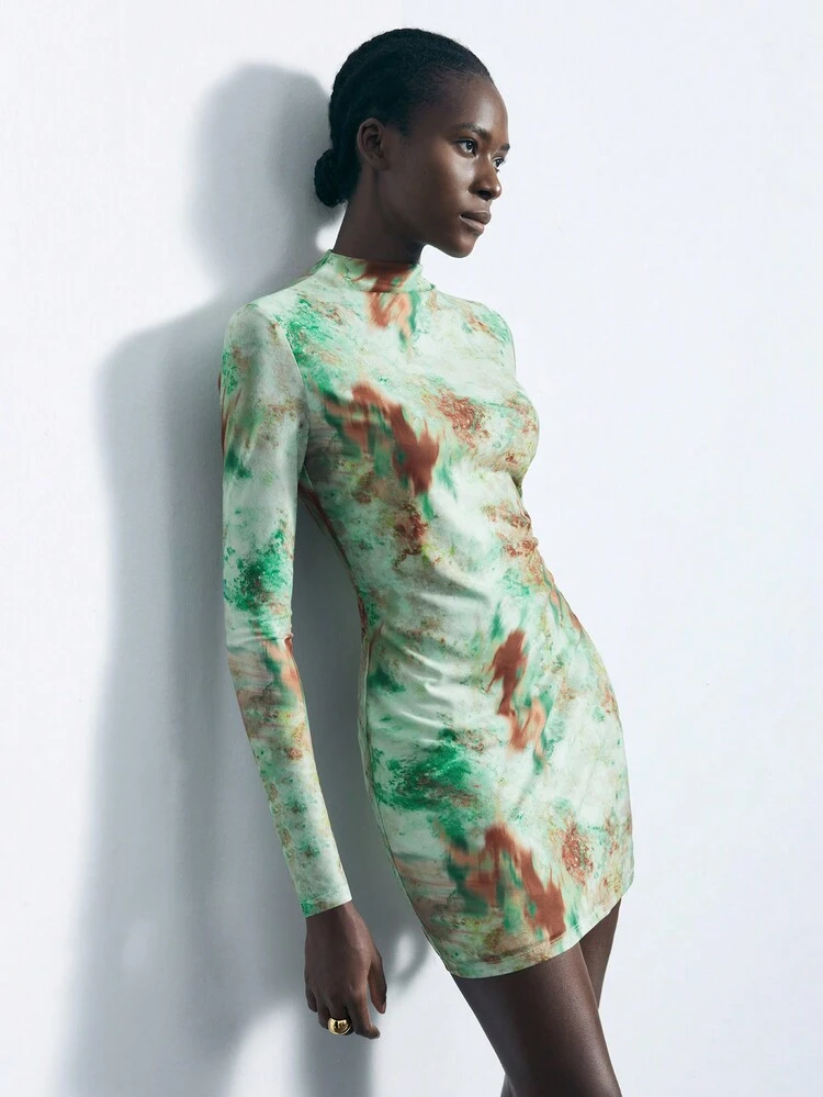 SHEIN Maija Women's Spring And Summer Tie-Dyed Print Stand-Collar Long Sleeve Fitted Fashionable Dress