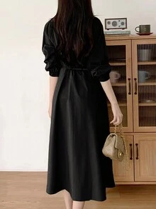 欧美时尚女装法式简约半身裙女翻领系带收腰显瘦纯色全休闲chic七分袖秋季女装中长款连衣裙