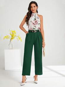SHEIN Clasi Women's Solid Color Tapered Casual Office Pants In Fall/Winter - Dark Green - View 6