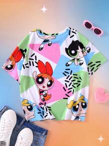 THE POWERPUFF GIRLS X SHEIN 青少年女孩卡通彩色三角形印花超大休闲短袖 T 恤，夏季 - 彩色 - 查看 5