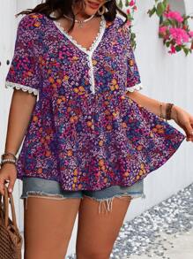 Flirla Blusa de manga corta de talla grande con estampado todo sobre, patchwork de encaje y ribete de concha, casual de todos los días - Morado - Ver 6