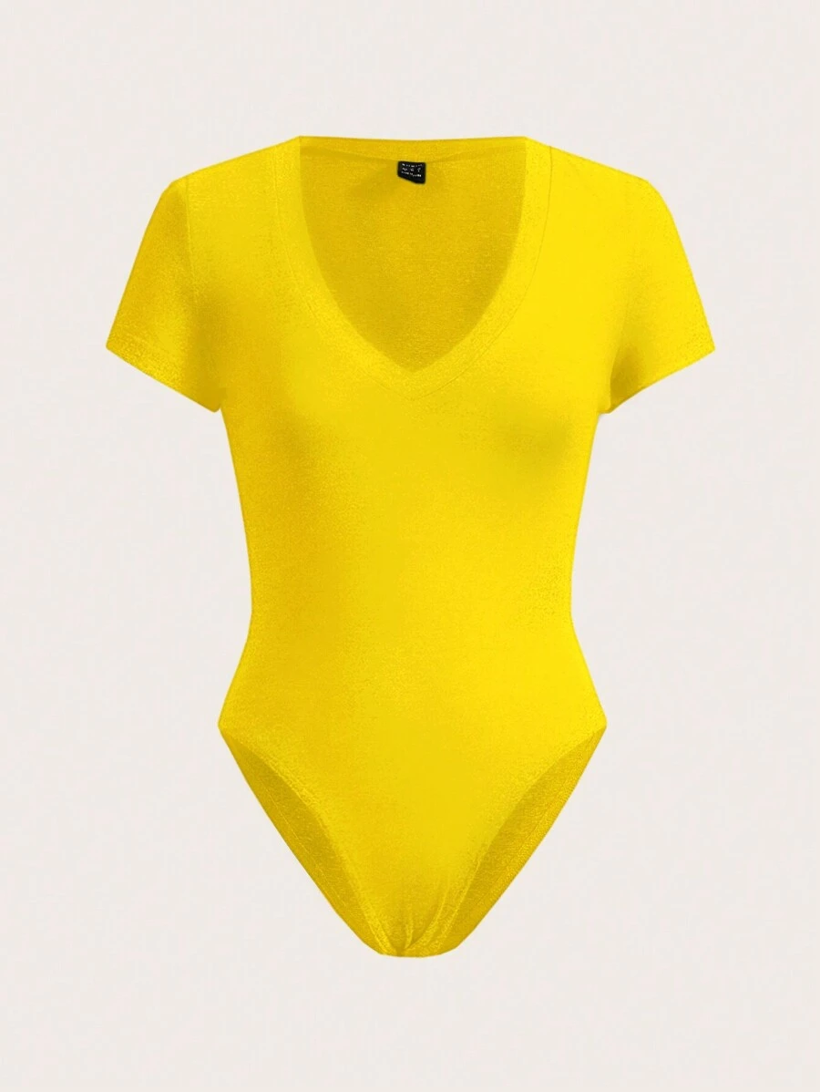 Slaydiva Casual Deep V Plunging Neckline Bodysuit - Grey