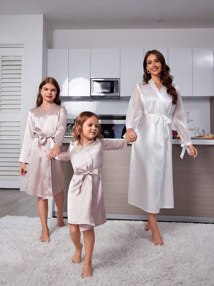 Girl Pajamas - Beige Solid Color Long Sleeve Robe Loungewear, Mommy And Me Matching Outfits (3 Pieces Sold Separately) - Champagne - View 3