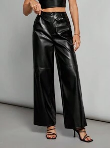 SHEIN Tall Black Date Night Solid PU Leather Straight Leg Pants - Black - View 2