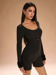 SHEIN SXY Autumn Winter Knitted High Stretchy Jumpsuit With Frayed Hem Fall Winter Women Clothing - Black - View 6