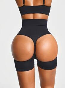 SHAPORA Pantalones cortos de control de figura con cintura alta y diseño calado de unicolor para mujer - Negro - Ver 8