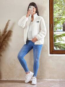 SHEIN Zwangerschaps Casual Ritssluiting Fluffy Losse Zwangerschaps Hoodie Jas, Voor de Winter