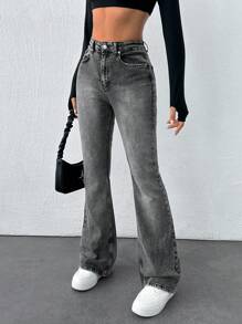 RueChic 98%纯棉休闲高腰修身喇叭牛仔裤 - 灰色 - 查看 3