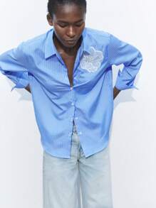 Maija Women's Casual Striped Embroidered Floral Beaded Blouse, Spring & Autumn Valentine's Day Vacation Outfits Woman