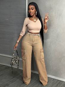 SHEIN Slayr Blugi de damă, de culoare uni, simpli, de zi cu zi, cu talie mijlocie, cu picioare drepte