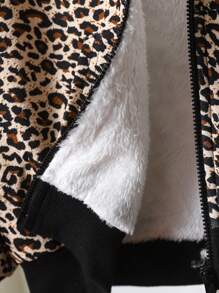 Young Girl Leopard Print Thermal Lined Hooded Letter Applique Casual Jacket