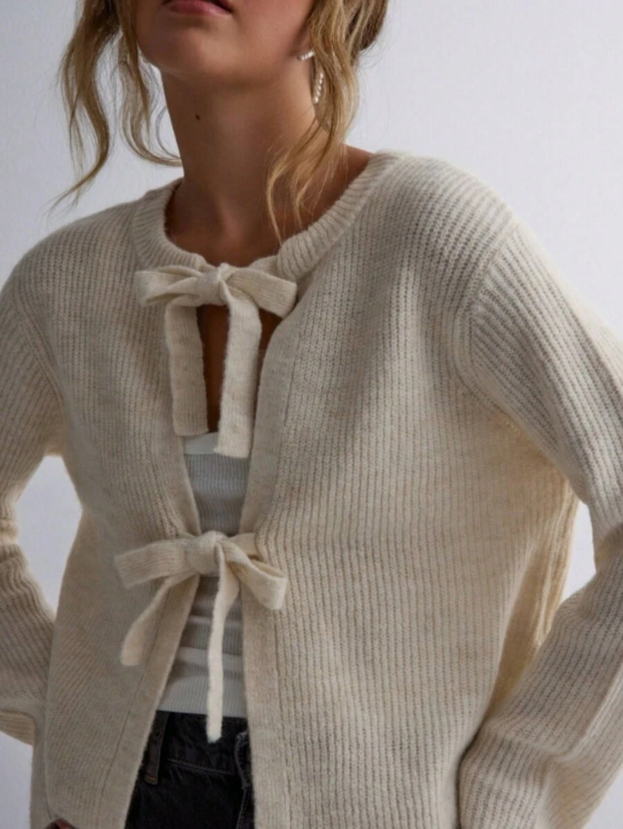 INAWLY Women's Solid Color Front Tie Drop Shoulder Long Sleeve Loose Casual Sweater, Autumn/Winter, Knit Pullover Fall - Beige - View 1