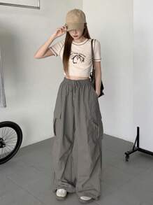 DAZY Women's Solid Color Drawstring Waist Cargo Pocket Pleated Wide Leg Loose Casual Pants - Grey - View 2