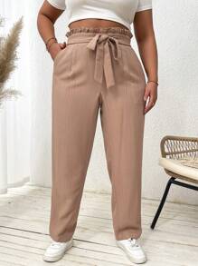 SHEIN Essnce Plus-Size Summer Casual Black Pants Pencil Pants Cone Core Pants, Slimming Commuter Casual Pants - Apricot - View 1