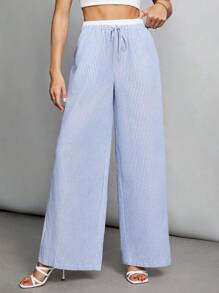 SHEIN Tall 秋季蓝色条纹撞色腰部编织女长裤 - 藍色 - 查看 5