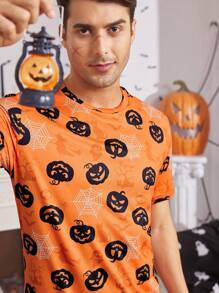 万圣节南瓜印花短袖和短裤男士睡衣套装 - 橘色 - 查看 7