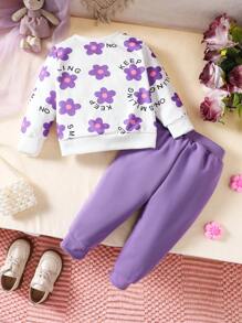 1 Bộ Áo Và Quần In Hoa & Chữ Cho Bé Gái, Thiết Kế Hoa Ngẫu Nhiên, Mùa Xuân Thu - Màu tím - Xem 2