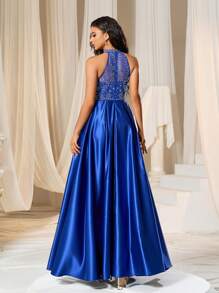 Faeriesty Rhinestone Detail Halter Neck Satin Formal Dress - Royal Blue - View 2