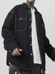 GALLERY FADE 男式黑色水洗牛仔撞色修边宽松落肩宽松衬衫 - 黑色 - 查看 5