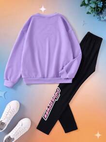 THE POWERPUFF GIRLS X SHEIN 少女卡通印花时尚紫色圆领运动衫和黑色字母印花紧身裤套装 - 紫丁香色 - 查看 5