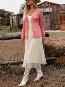 SHEIN VCAY Solid Color Button Down Long Sleeve Hollow Out Top, Casual Everyday Wear,Fall Women Clothes,Fall Women Cardigan