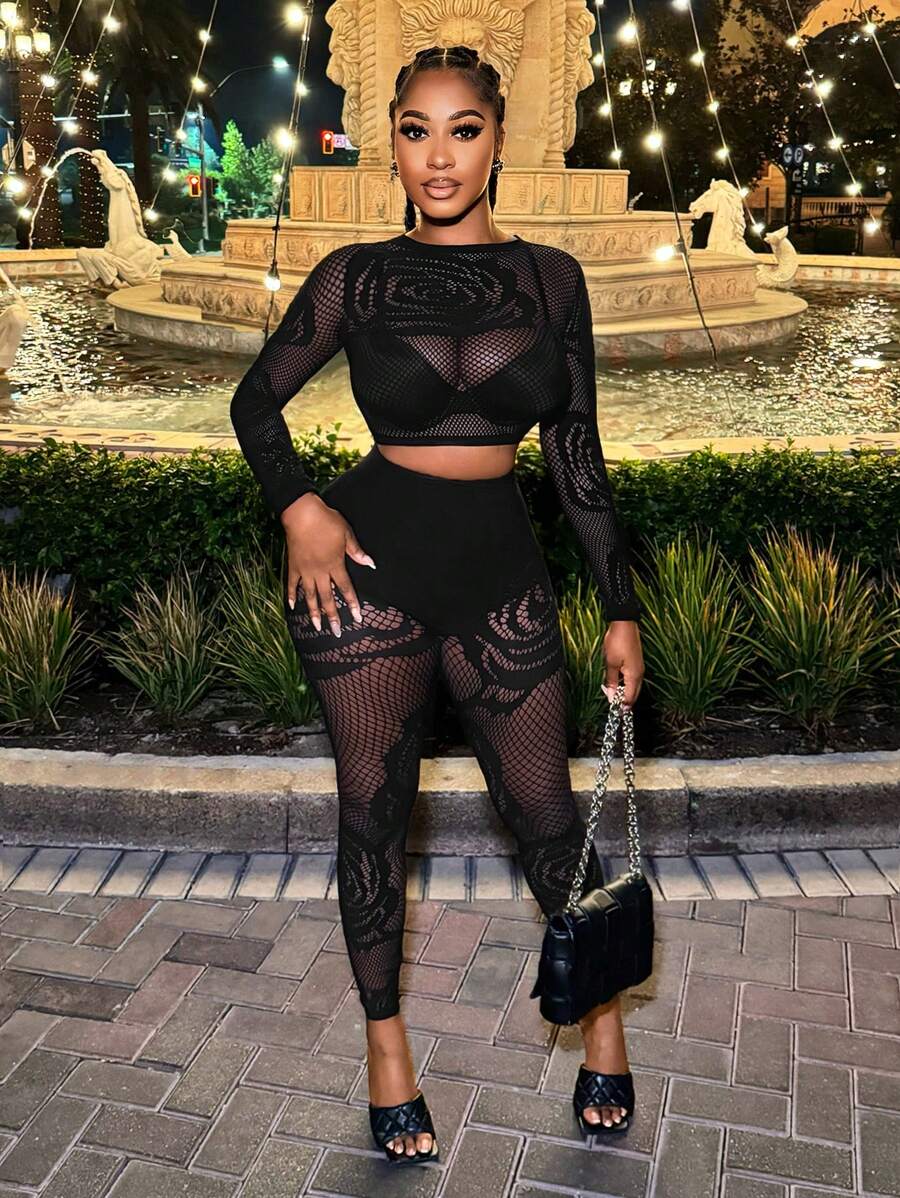 BamGleam 2 件性感透明镂空紧身长袖上衣和裤子套装 - 黑色 - 查看 1