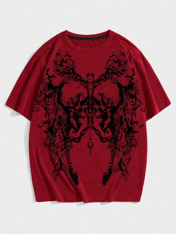 ROMWE MEN Goth Camiseta de manga corta con cuello redondo y estampado gráfico para hombres, escolar