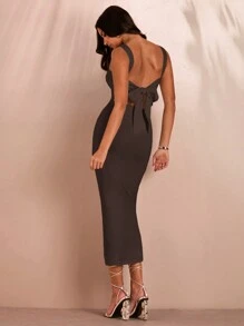 SHEIN BAE Women's Solid Color Ruffled Square Neck Backless Tie Slit Bodycon Mini Midi Dress