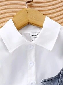 SHEIN 寶寶女孩夏季白色短袖連衣裙搭配牛仔背心，休閒裝 - 藍白色 - 查看 4