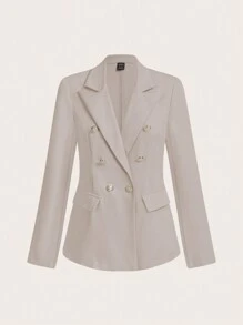 Chiquease 纯色长袖缺口领纽扣装饰休闲西装外套 - 卡其色 - 查看 5