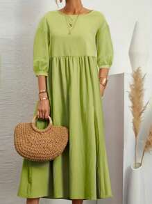 SHEIN LUNE Ladies' Solid Color Loose Fit Long Casual Dresses For Spring/Summer - Green - View 1