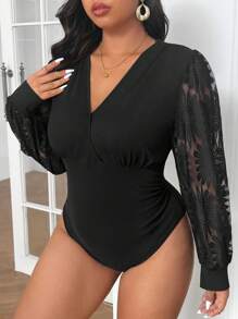SHEIN Frenchy 大码女式优雅花卉网眼撞色长袖紧身衣，适合冬季 - 黑色 - 查看 1