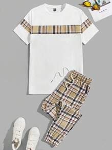 Manfinity VCAY Men Cotton Plaid Tee & Drawstring Waist Trousers - White - View 1