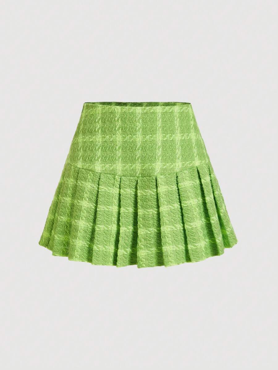 SHEIN MOD Women's Pleated Plaid Skirt, Casual Vacation - Green - View 1