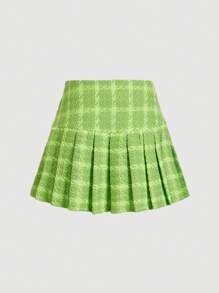 SHEIN MOD Women's Pleated Plaid Skirt, Casual Vacation - Green - View 2